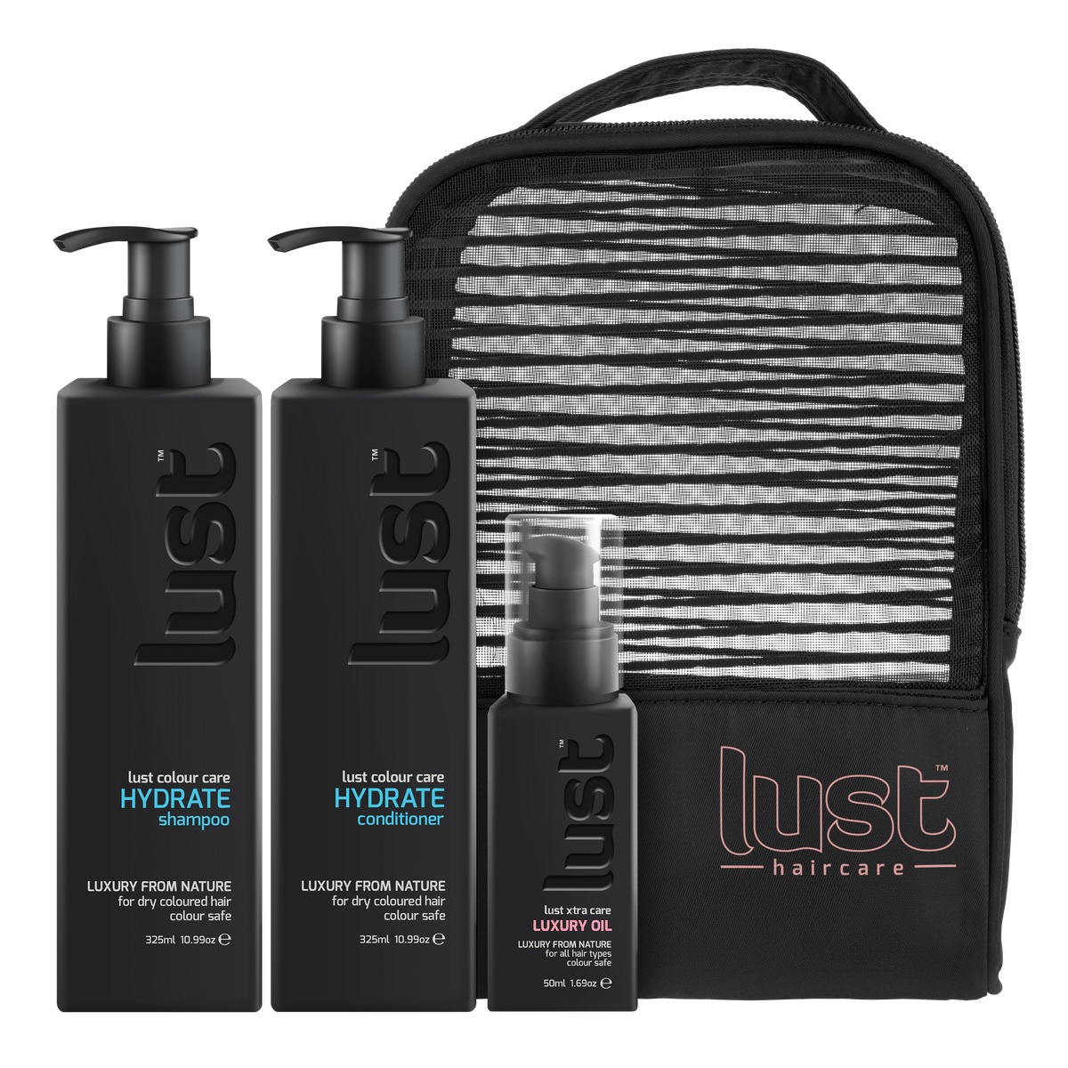 LUST haircare hydrate shampoo, conditioner and luxury oil gift set with striped pouch