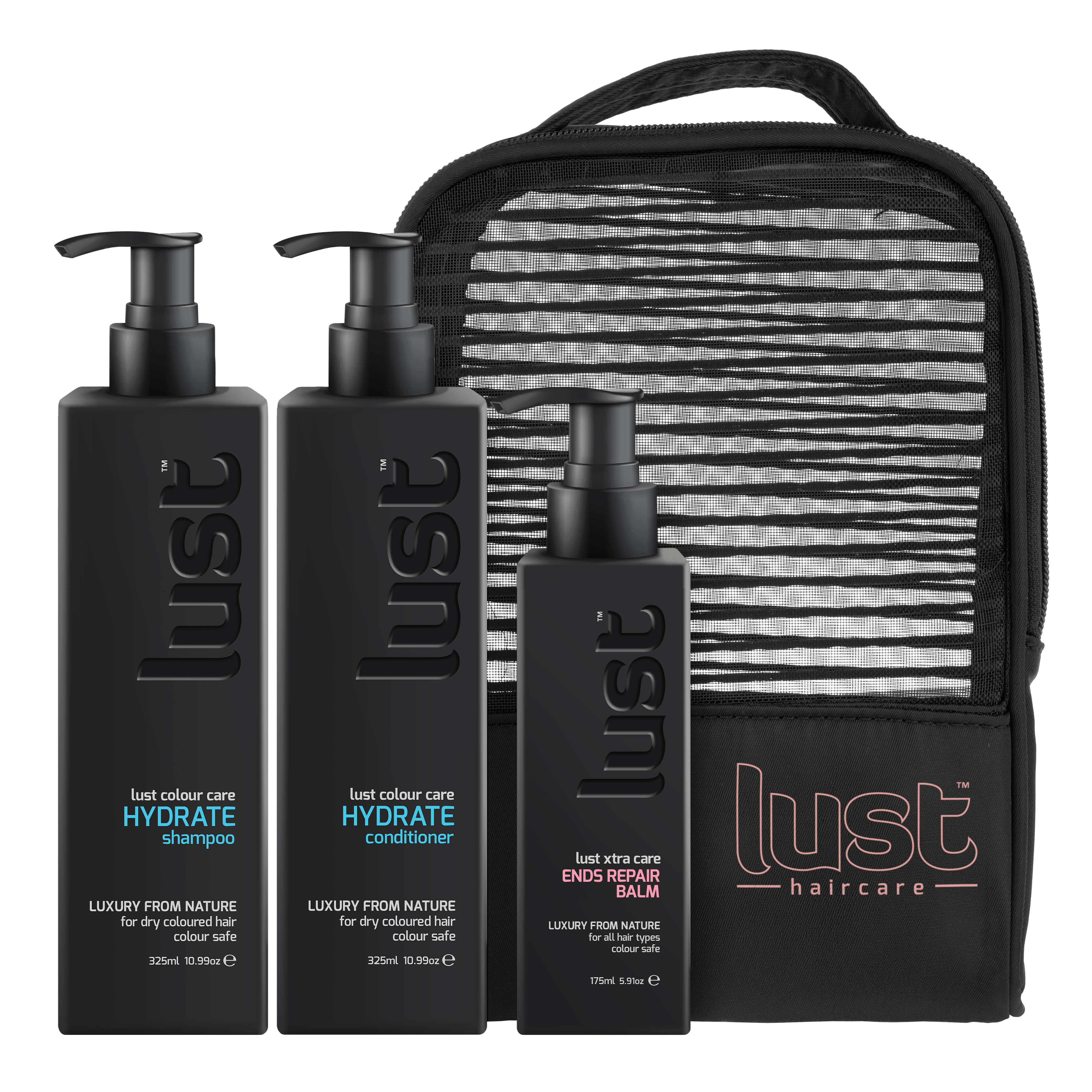 LUST haircare hydrate gift set with shampoo, conditioner, balm bottles and zip pouch