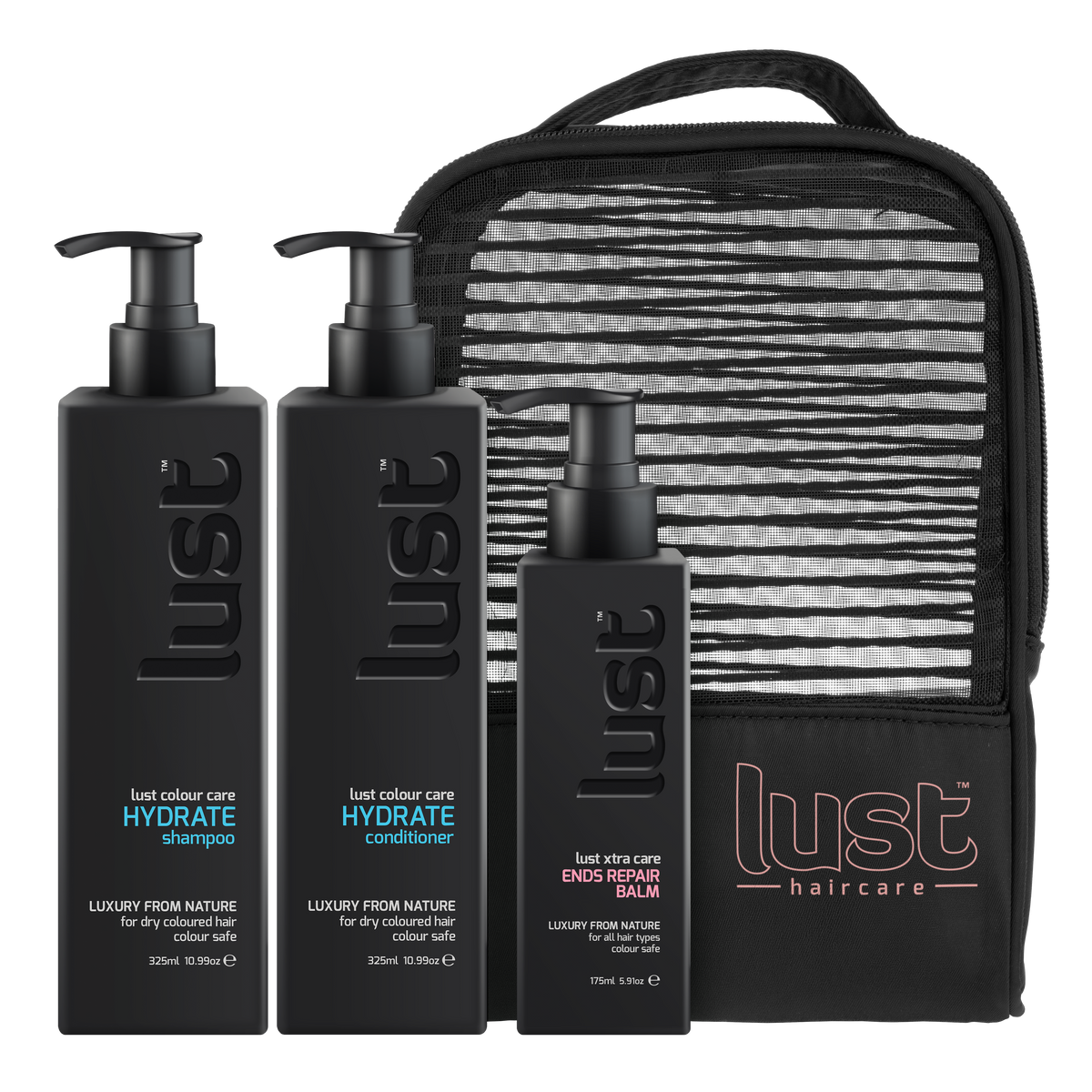 LUST haircare hydrate gift set with shampoo, conditioner, balm bottles and zip pouch