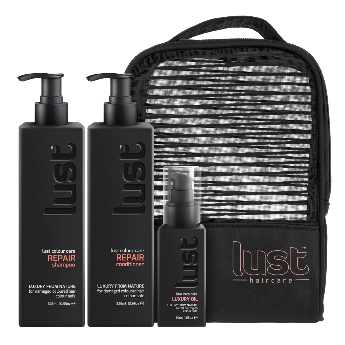 Haircare repair gift set with black shampoo, conditioner, luxury oil bottles and pouch