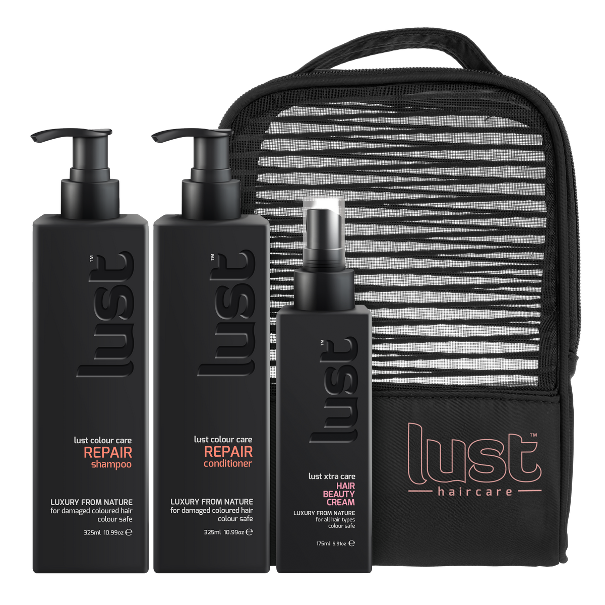 LUST haircare repair haircare gift set with bottles, cream and striped pouch