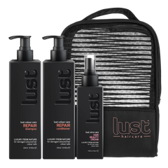 LUST haircare repair haircare gift set with bottles, cream and striped pouch