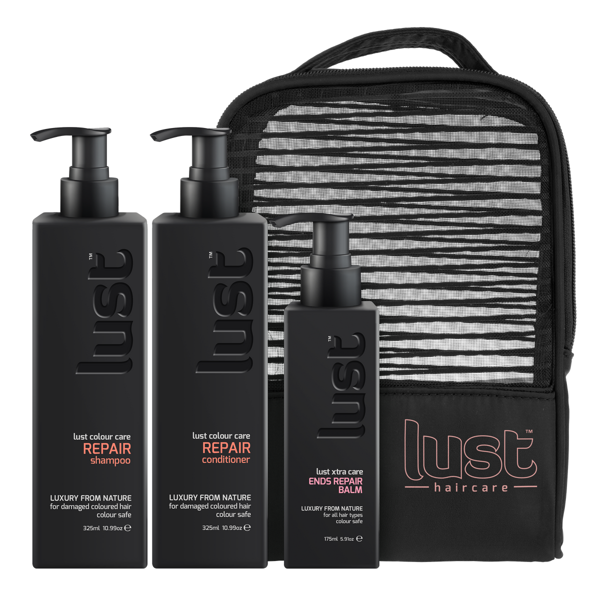 Lust Haircare repair shampoo and conditioner set with ends repair balm and zip pouch