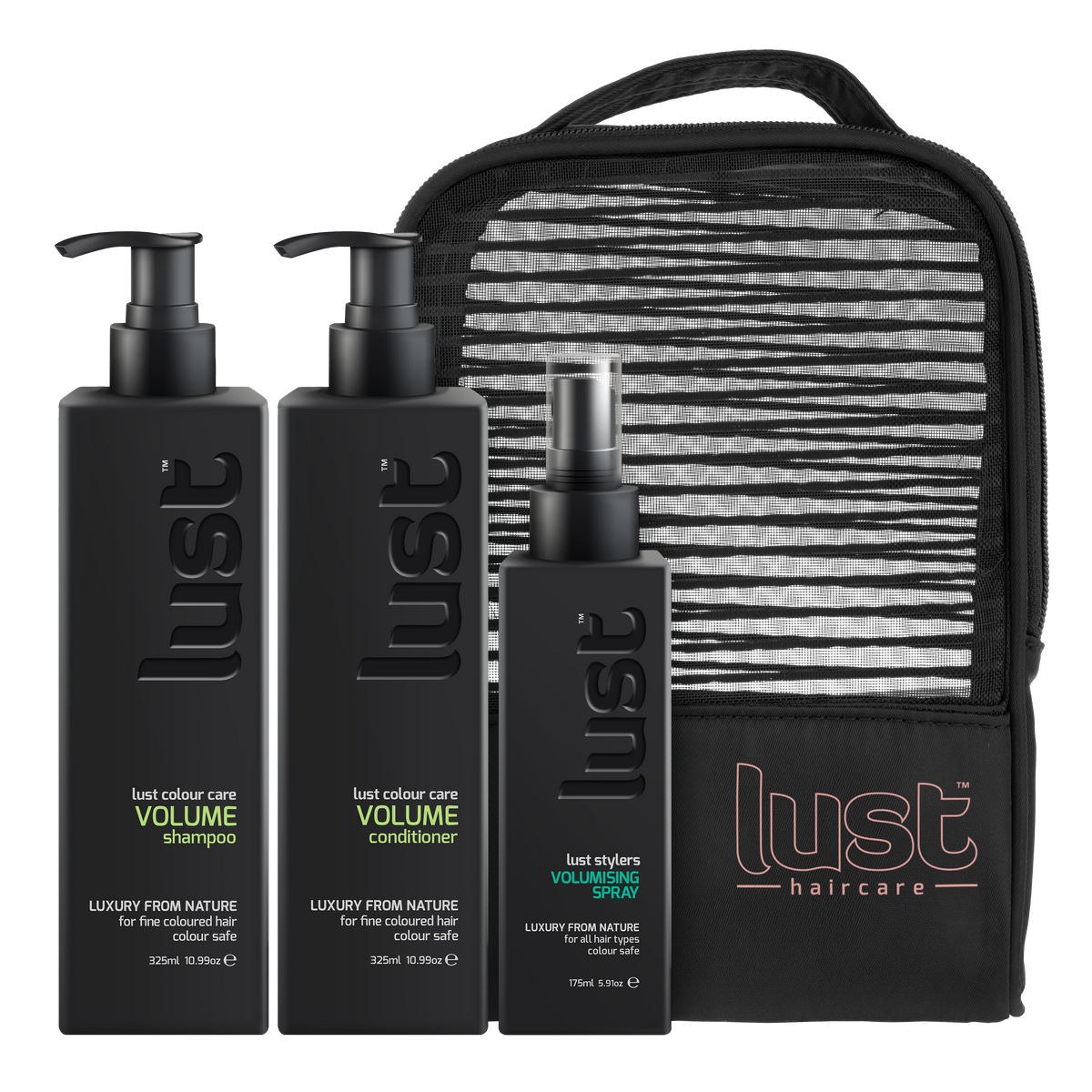 LUST haircare volume shampoo, conditioner, spray set in zip pouch, black bottles