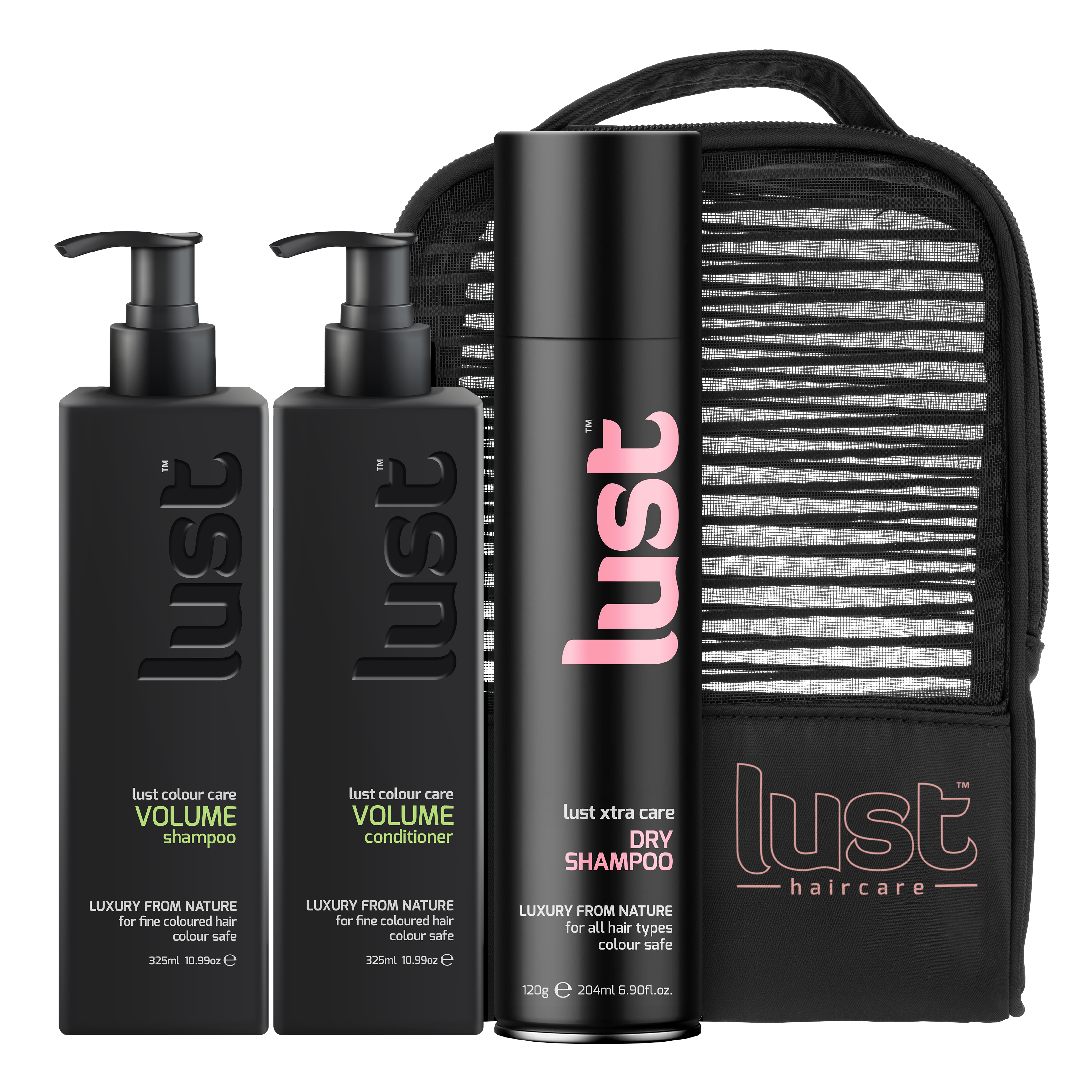 LUST haircare volume gift set: shampoo, conditioner, dry shampoo, zip pouch