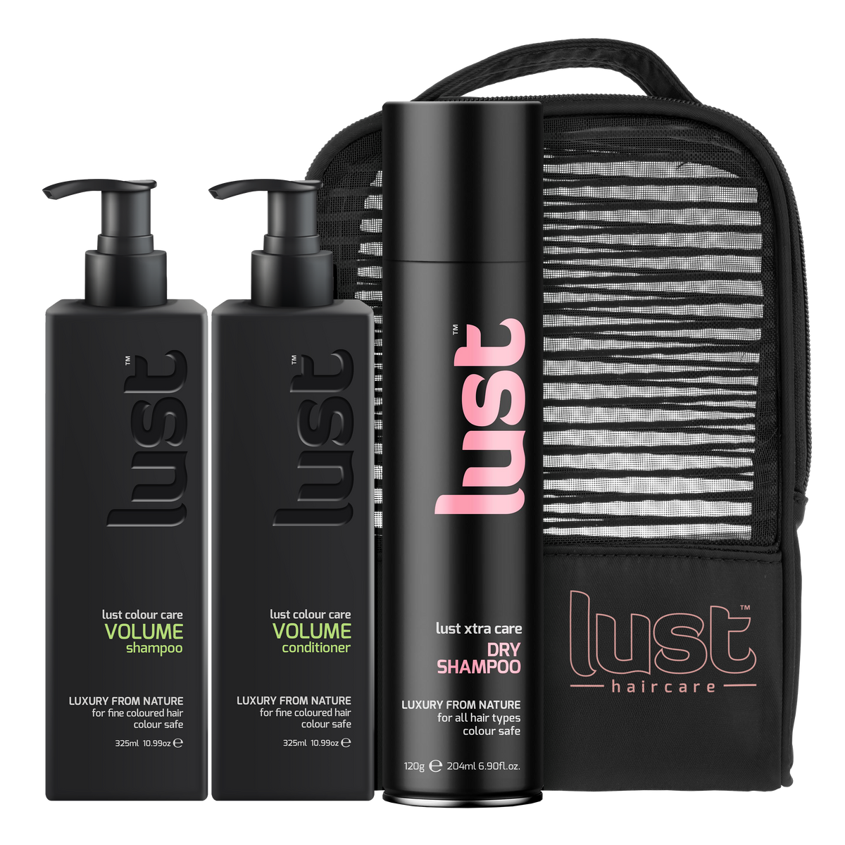 LUST haircare volume gift set: shampoo, conditioner, dry shampoo, zip pouch