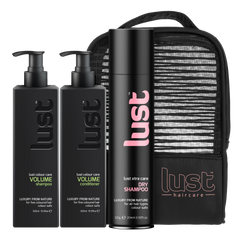 LUST haircare volume gift set: shampoo, conditioner, dry shampoo, zip pouch