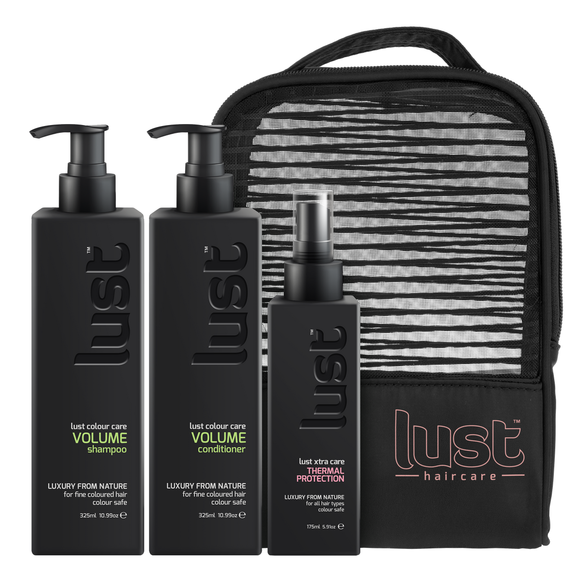 Lust haircare volume shampoo, conditioner, thermal protection set with zip pouch