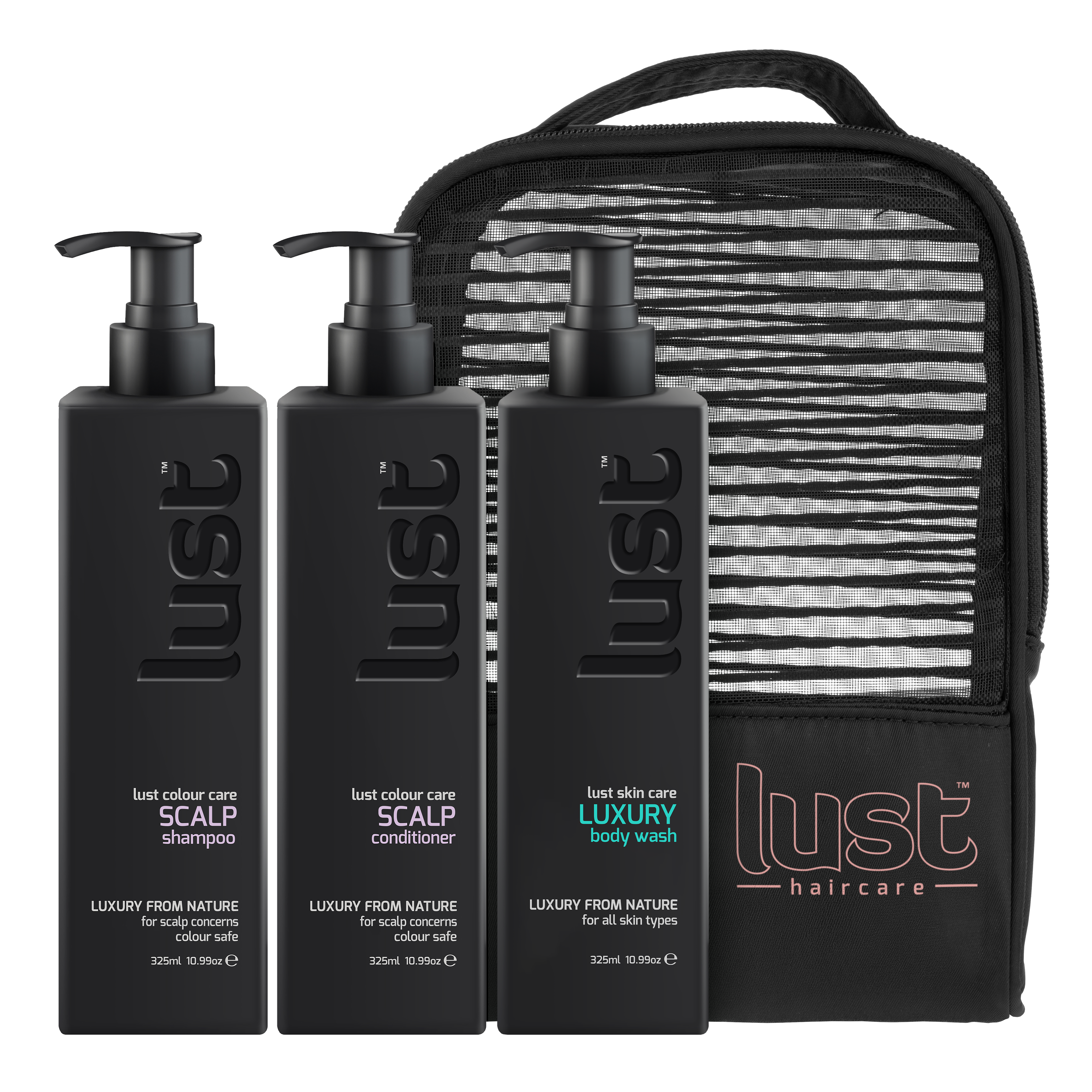 LUST haircare gift set with scalp shampoo, scalp conditioner, body wash bottles and travel pouch