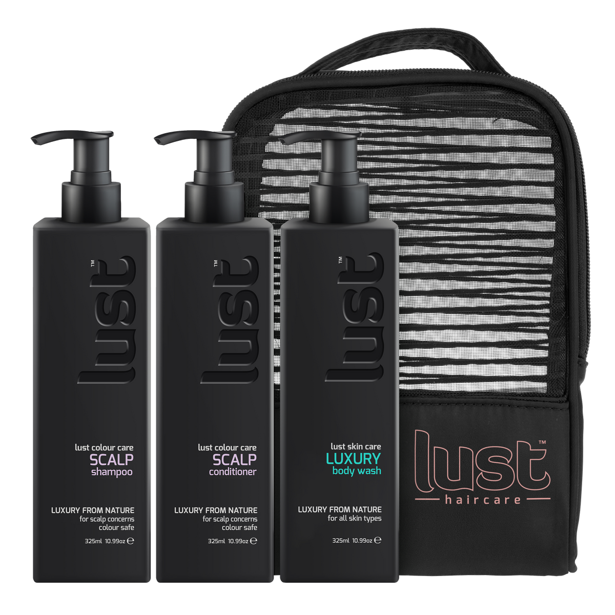 LUST haircare gift set with scalp shampoo, scalp conditioner, body wash bottles and travel pouch