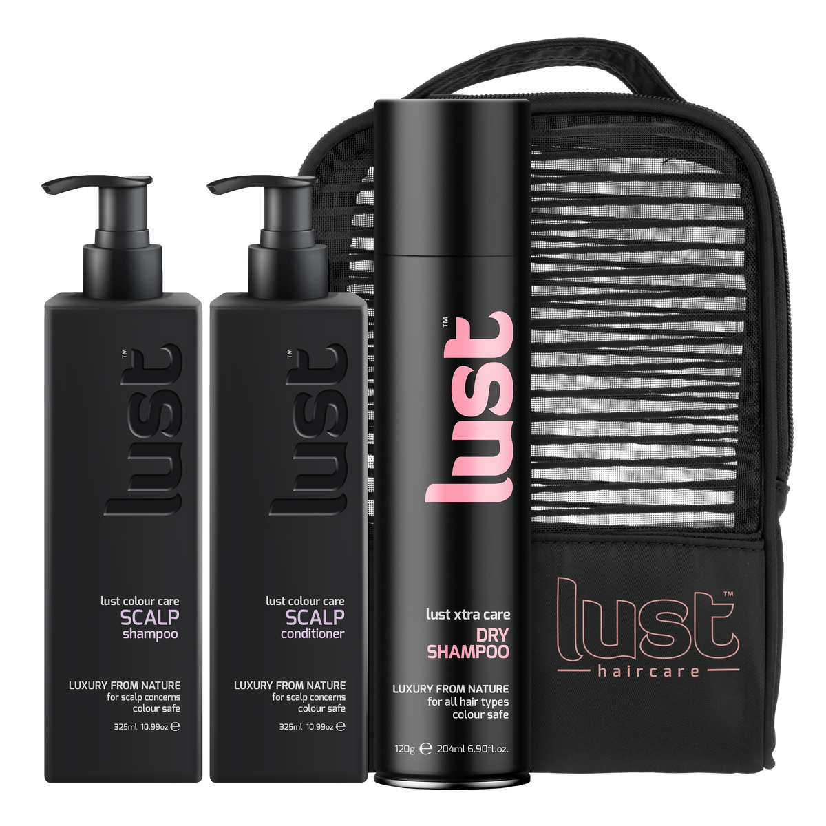 Haircare gift set with black bottles, dry shampoo can, and zip pouch