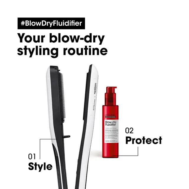 L'Oreal Professionnel blow-dry fluidifier cream bottle next to hair straighteners
