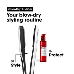 L'Oreal Professionnel blow-dry fluidifier cream bottle next to hair straighteners