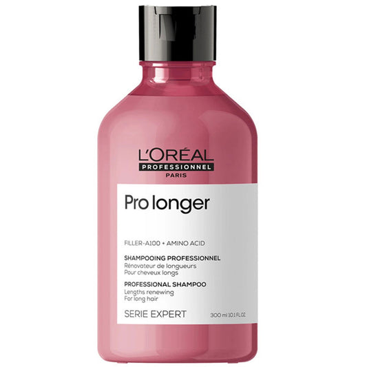 L'Oreal Pro Longer shampoo bottle, pink bottle with black cap, 300 ml.