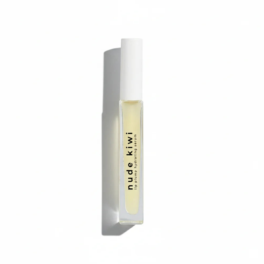 Lip hydrating serum in white tube with pale yellow liquid.