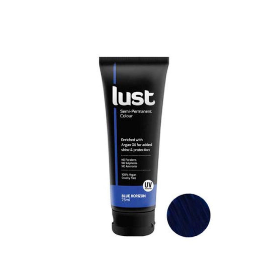 Lust hair color tube, Blue Horizon 75 ml, with blue color swatch