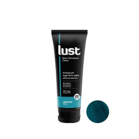 Lust semi-permanent hair color tube (Lake Blue) with blue swatch
