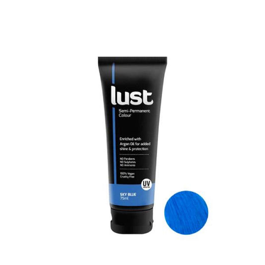 Sky blue hair colour tube and swatch, 75 ml