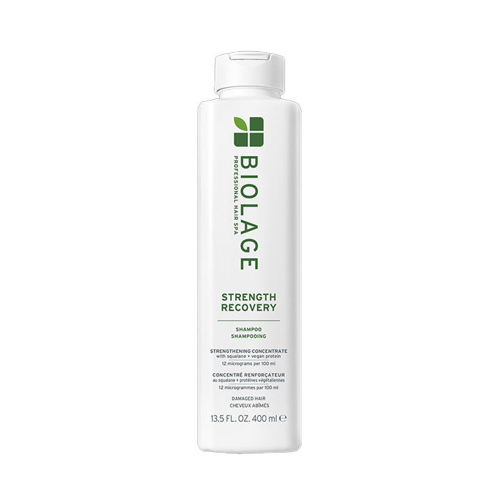 Biolage Strength Recovery shampoo bottle, white with green label and cap, 400 ml