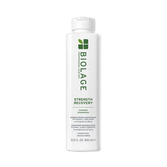 Biolage Strength Recovery shampoo bottle, white with green label and cap, 400 ml