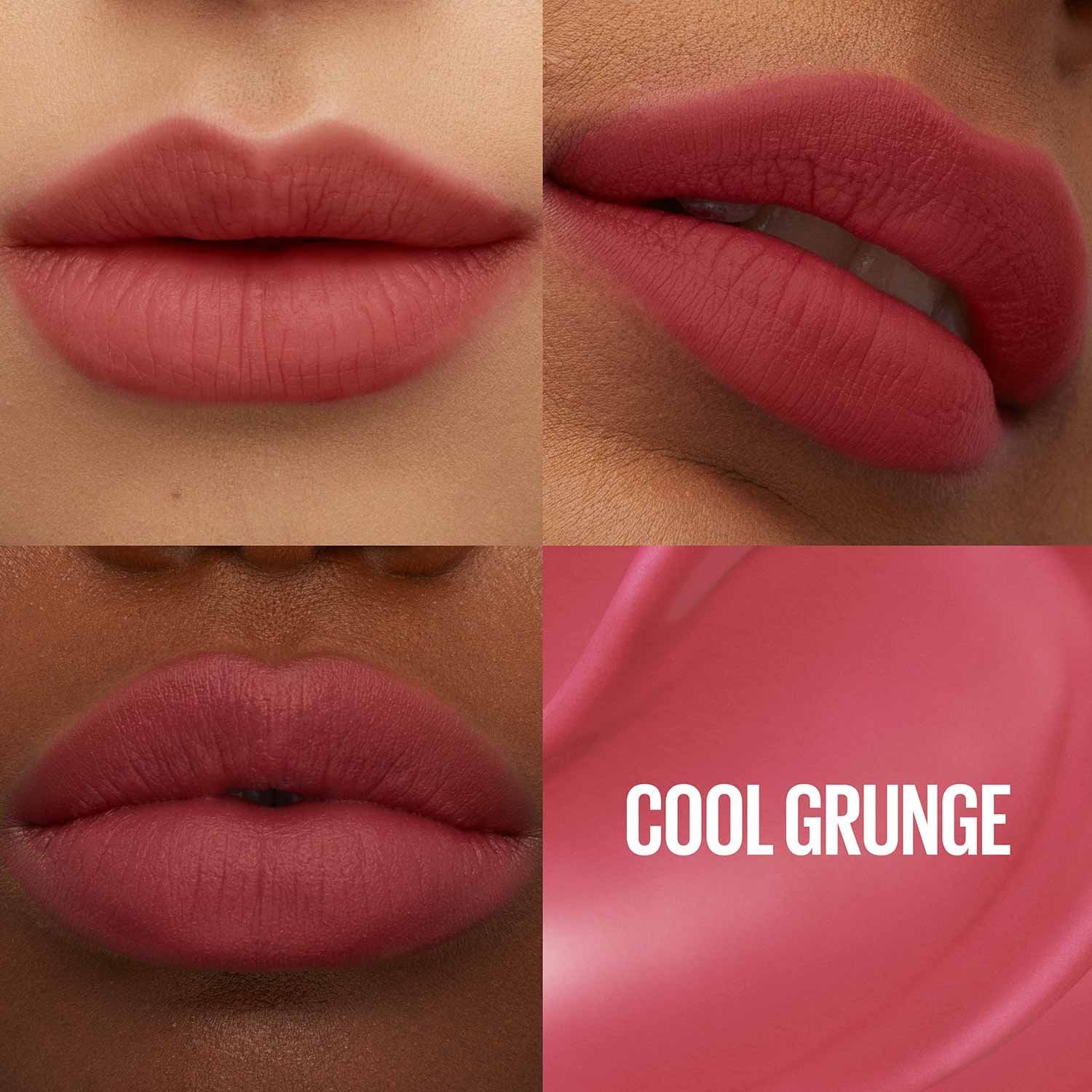 Close-up of lips wearing a deep rose-brown lip tint, with matching swatches