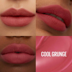 Close-up of lips wearing a deep rose-brown lip tint, with matching swatches