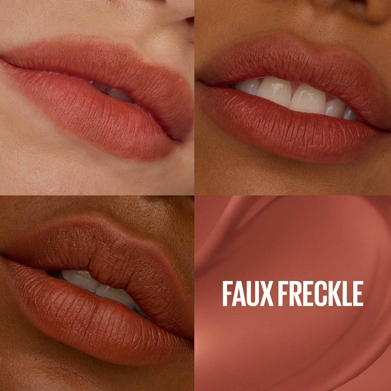 Faux-freckle lip tint on lips, warm brown-red color