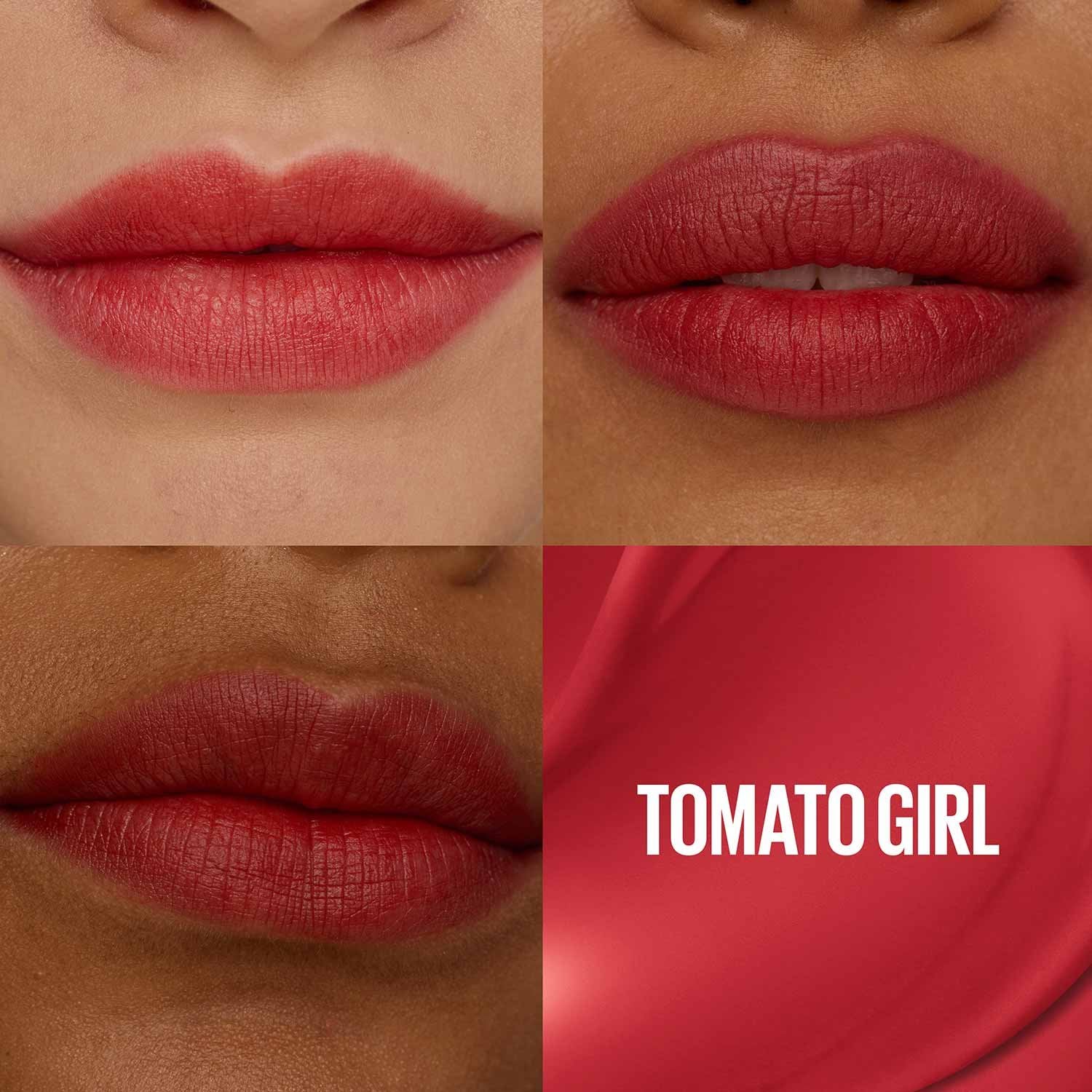 Tomato Girl lip tint swatch on lips, matte rose-red
