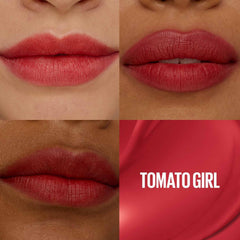 Tomato Girl lip tint swatch on lips, matte rose-red