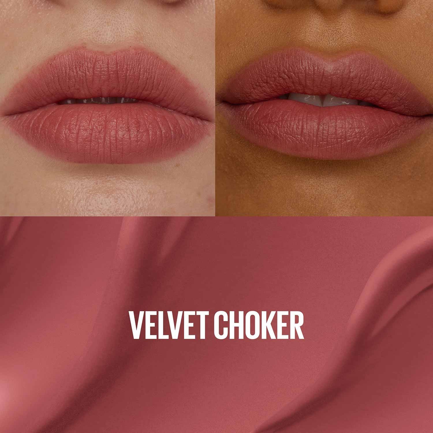 Matte lip tint on lips, Velvet Choker rose-brown
