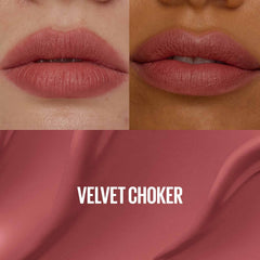 Matte lip tint on lips, Velvet Choker rose-brown