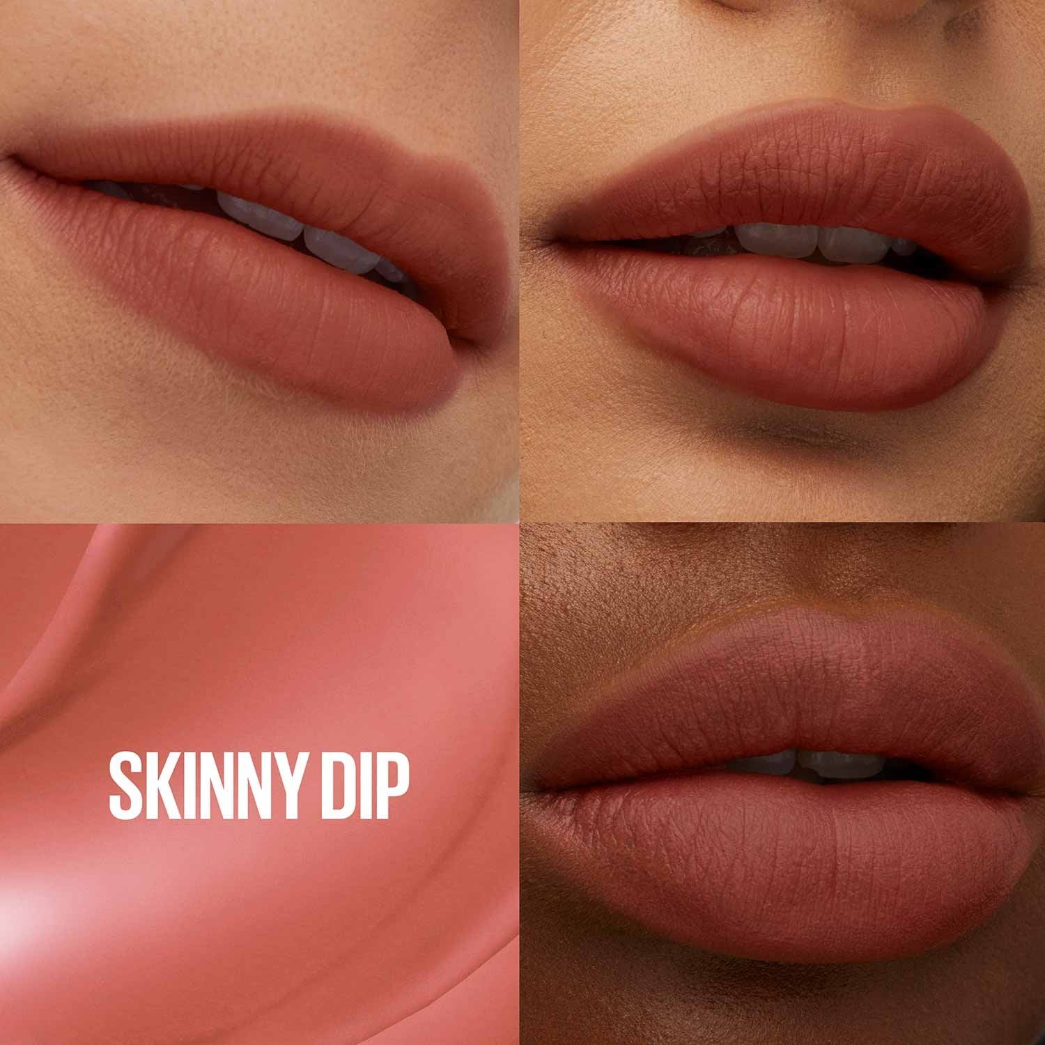 Rosy brown lip tint swatch on lips in four close-up views