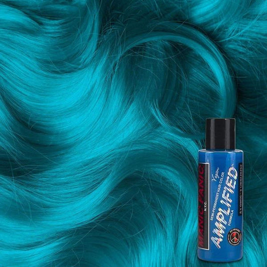 Manic Panic Amplified hair dye bottle in turquoise, shown beside teal hair strands
