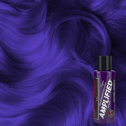 Manic Panic Amplified hair dye bottle in Ultra Violet, purple liquid