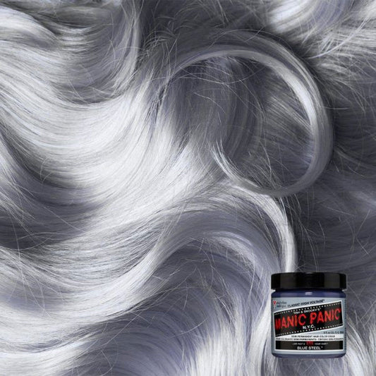 Manic Panic Blue Steel hair dye jar with silver-blue hair swirls