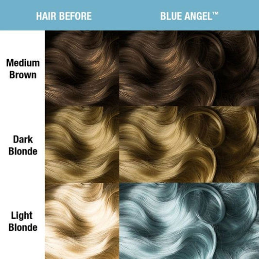 Hair color chart showing Blue Angel on medium brown, dark blonde, light blonde