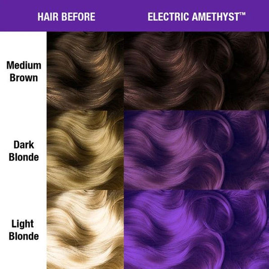 Hair color chart showing blonde and brown hair dyed electric amethyst purple.