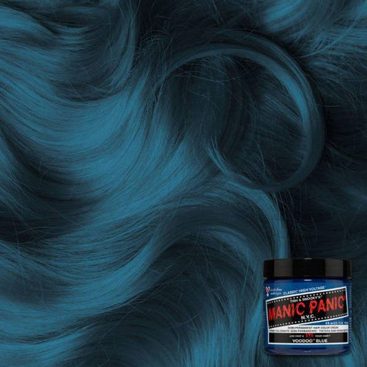 Manic Panic Voodoo Blue hair dye bottle with teal-blue color gel.