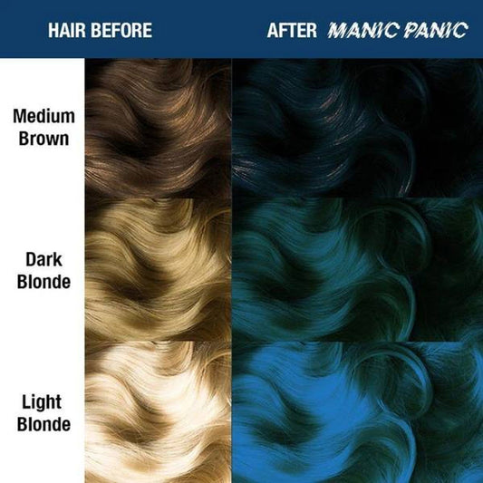 Hair dye swatches: Medium Brown, Dark Blonde, Light Blonde in teal-blue after color.