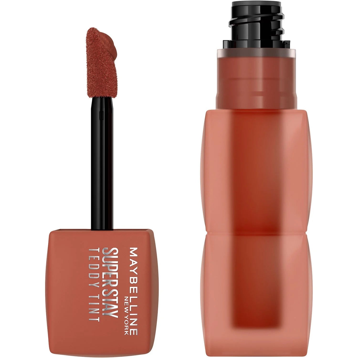 Lip tint with doe-foot applicator and squeeze tube, warm rose-brown shade