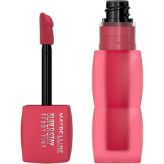 Lip color tint bottle and applicator, pink-red shade with bold matte finish