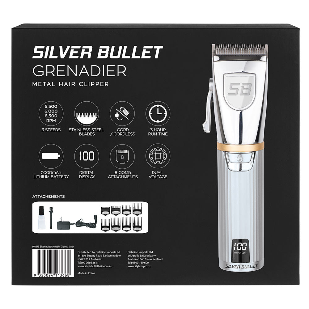 Silver Bullet Grenadier Metal Hair Clipper - Silver - Kess Hair and Beauty