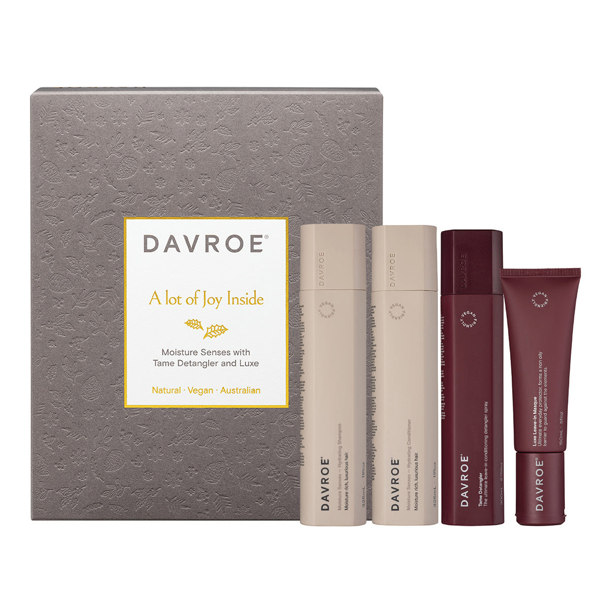 Moisture Senses luxe treatment set with four Davroe tubes and outer gift box