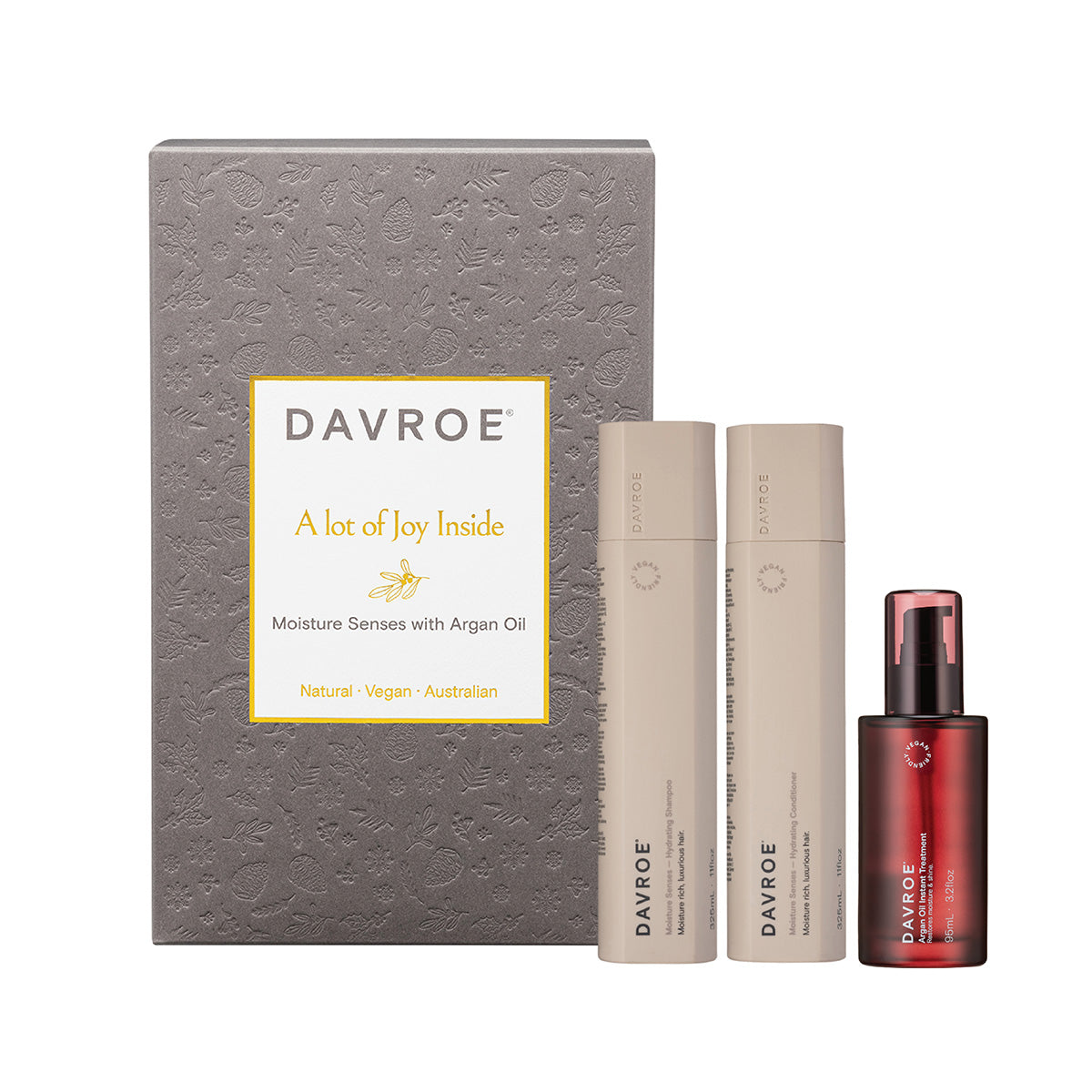 Davroe Moisture Senses Christmas trio pack with two beige tubes and one red bottle