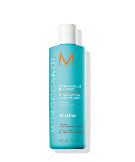Moroccanoil Extra Volume Shampoo bottle with teal label and white pump cap, 250 ml