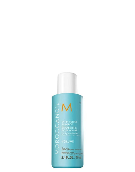 Moroccanoil extra volume shampoo bottle, teal with white cap, 70 ml