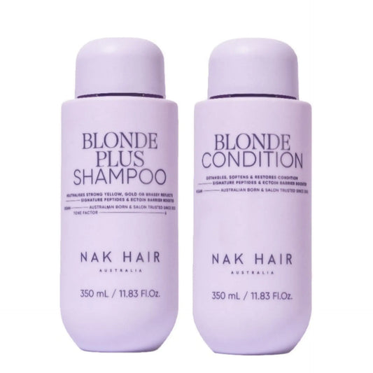 Blonde Plus shampoo and conditioner bottles, 350 ml each, light purple labels