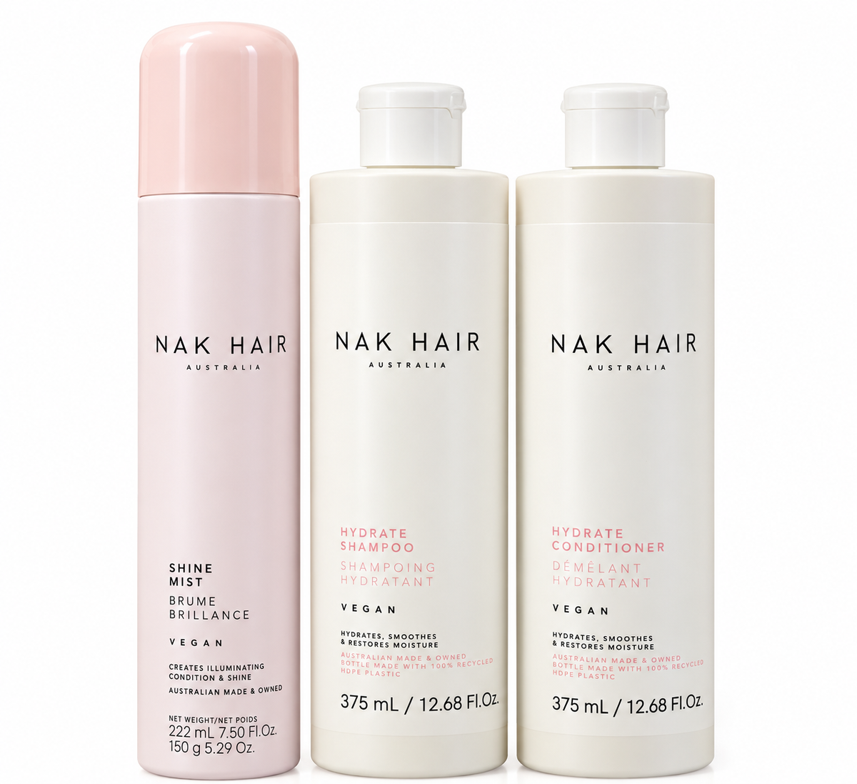 NAK Hair Hydrate Shampoo, Conditioner &amp; Shine Mist Trio Pack – Old Packaging