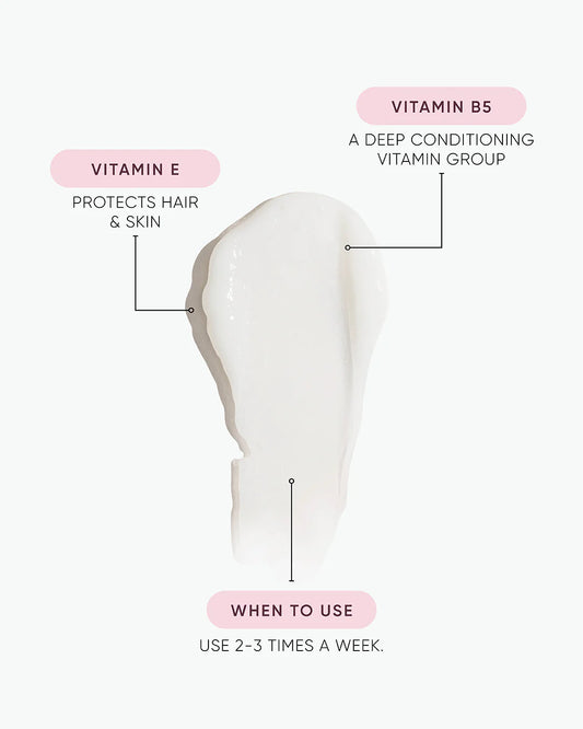Pink conditioner bottle diagram with callouts for Vitamin E and Vitamin B5