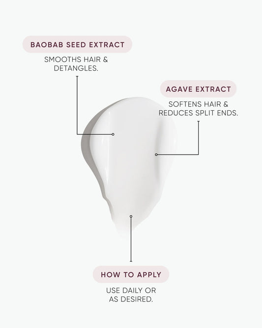 Hair leave-in moisturiser diagram with baobab and agave extracts; how to apply
